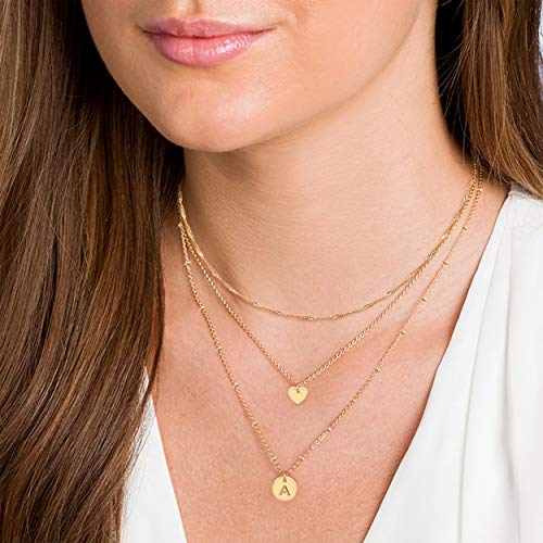 Aisansty Layered Gold Heart Initial Necklaces for Women Gold Plated Handmade Dainty Tiny Heart Personalized Letter Coin Pendant Adjustable Layering Chain Choker Necklaces,A Necklace - Image 3