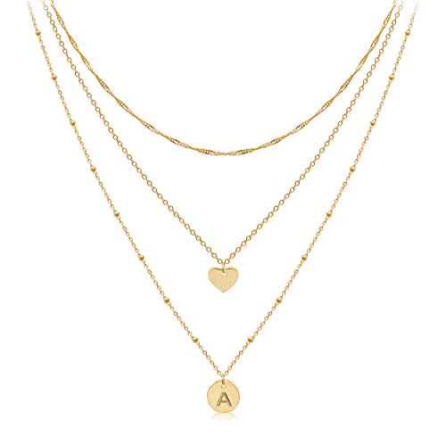 Aisansty Layered Gold Heart Initial Necklaces for Women Gold Plated Handmade Dainty Tiny Heart Personalized Letter Coin Pendant Adjustable Layering Chain Choker Necklaces,A Necklace - Image 1