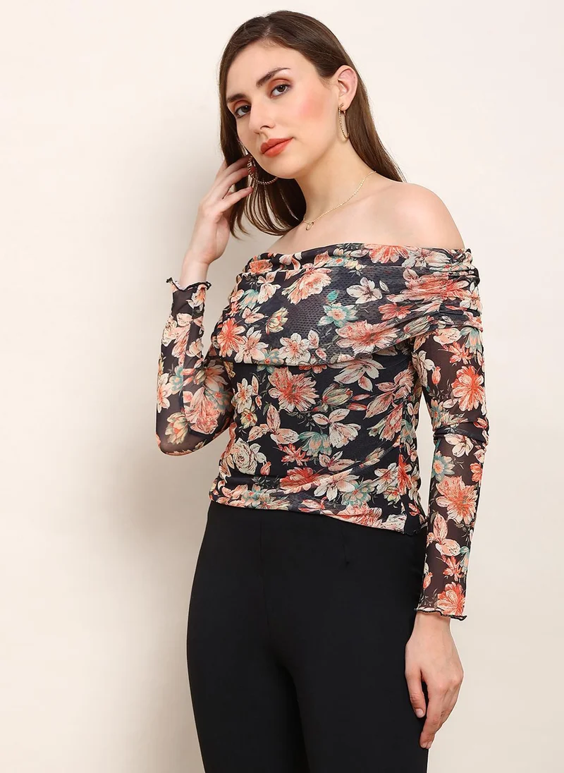 Globus Globus Women Black Floral Off Shoulder Long Sleeve Ruched Party Top