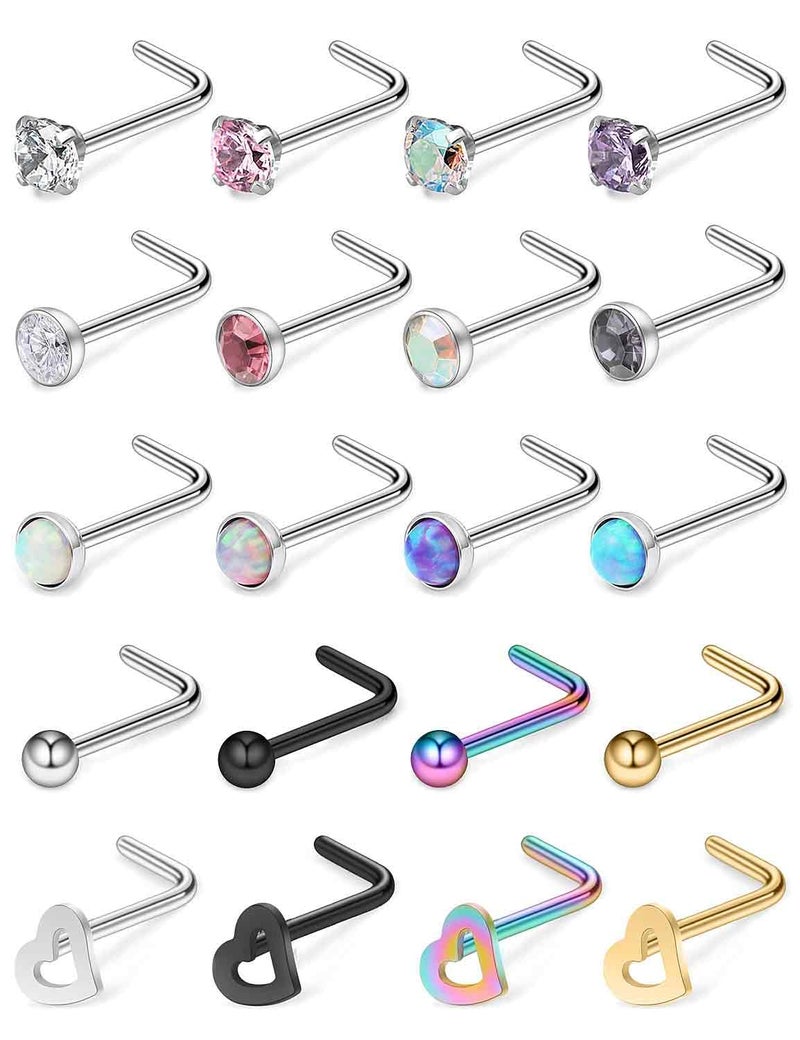 Hoeudjo خواتم أنف أوبال 18G من هويدجو، حلقات أنف من الفولاذ الجراحي، أقراط على شكل قلب بحجر زركونيا مكشوف للنساء والرجال، 20 قطعة، لون فضي، أسود، وردي ذهبي، 2 مم - Image 1