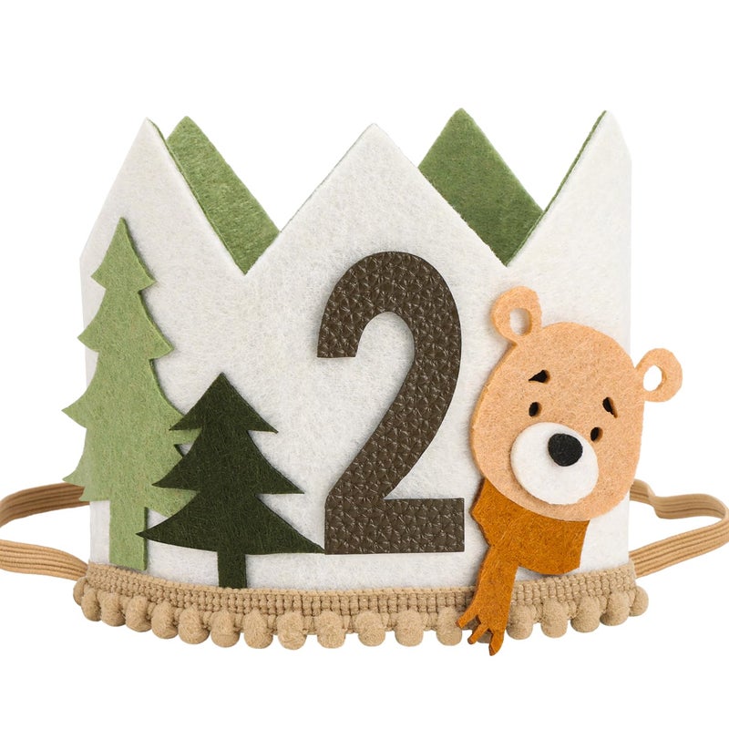 SuPoo 2nd Birthday Decorations for Boy Bear 2nd Birthday Hat Headband Animals Crown Tiara with Elastic Band 2 Year Old Happy Party Cap Decorations Supplies Photo Prop