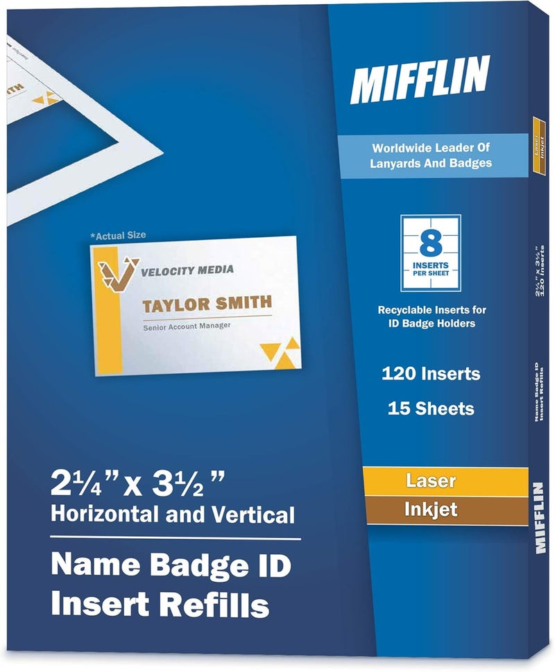 MIFFLIN -USA Name Badge Inserts, 2.25x3.5" or 3.5x2.25" Badge Inserts (120 Cardstock Refills, 15 Sheets), Compatible with Inkjet, Laser Printer, and Printable Badge Inserts - Image 1
