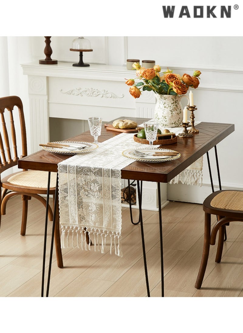 WAOKN Modern Crochet Lace Table Runner with Hollow-out Design and Tassels, Ideal for TV Stand, Coffee and Dining Tables, Minimalist Home Decor Accent, Adds a Touch of Sophistication to Any Setting  - Image 1
