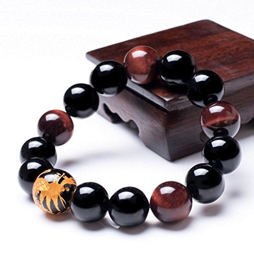 Merdia 16mm Yellow Tiger Eye Stone Dragon Pattern Bold Wrist Bracelets, Natural Lava Rock Black Beads Elegant Design Bracelets for Men, Charming Crystal Black Men's Bracelet Beads Set for Layered Looks - Image 3