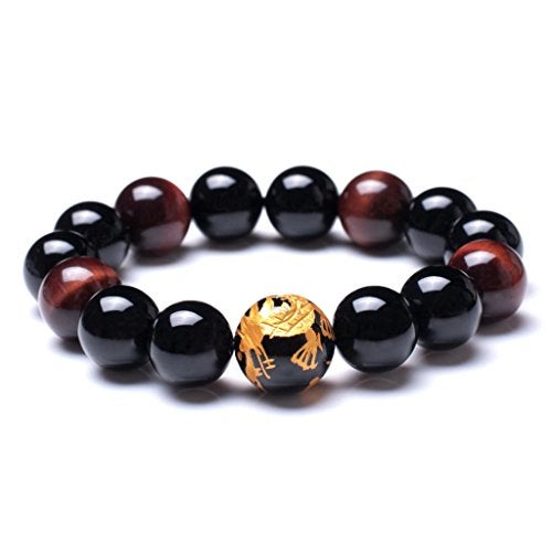 Merdia 16mm Yellow Tiger Eye Stone Dragon Pattern Bold Wrist Bracelets, Natural Lava Rock Black Beads Elegant Design Bracelets for Men, Charming Crystal Black Men's Bracelet Beads Set for Layered Looks - Image 1