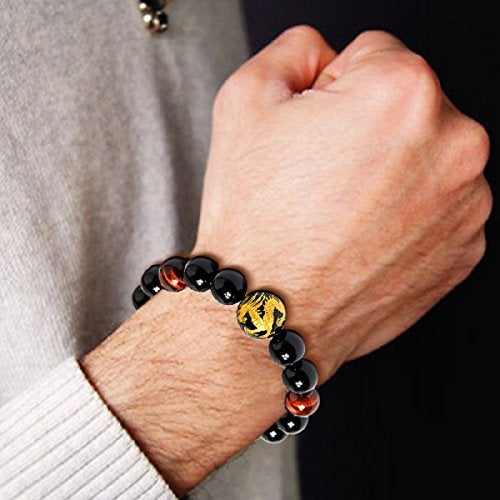 Merdia 16mm Yellow Tiger Eye Stone Dragon Pattern Bold Wrist Bracelets, Natural Lava Rock Black Beads Elegant Design Bracelets for Men, Charming Crystal Black Men's Bracelet Beads Set for Layered Looks - Image 2