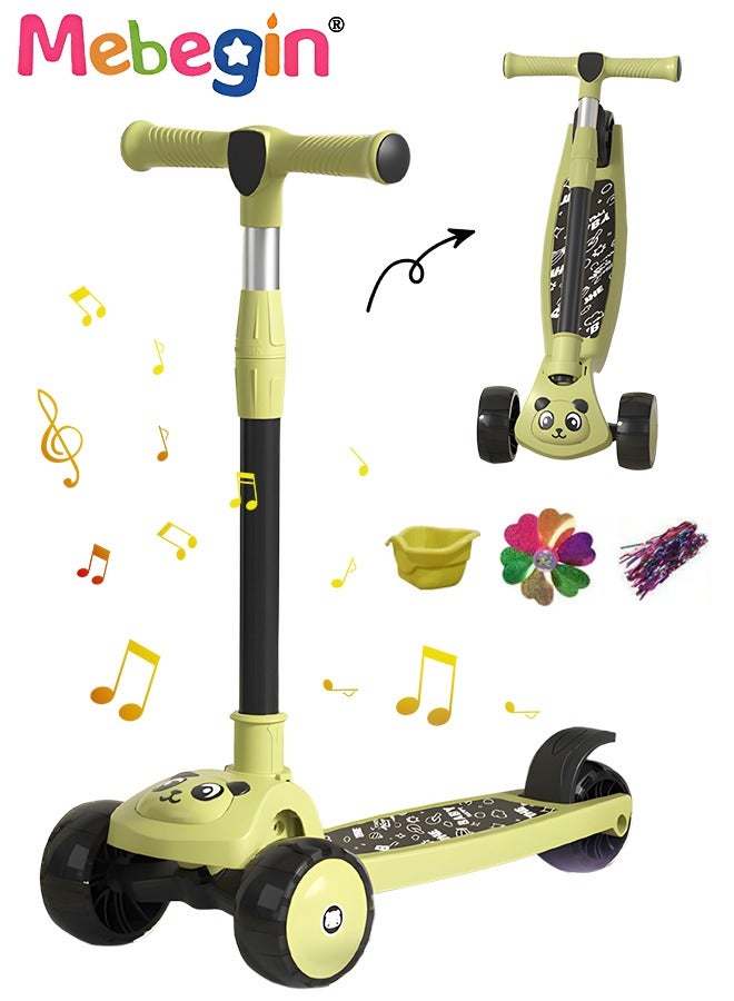 MEBEGIN Foldable 3 Wheel Scooter with Windmill and Car Basket, Non-Slip Scooter with Light and Music, Kids Kick Scooter, Adjustable Height, Extra-wide Deck for Stability, No Installation Required - Image 1