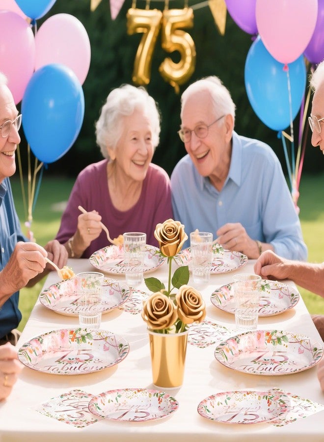 Grencian 96Pcs 75th Birthday Decorations for Women Floral 75th Birthday Party Plates and Napkins Disposable Rose Gold 75 Fabulous Tableware Set for Women 75 Years Old Party Supplies, Serves 24 - Image 5