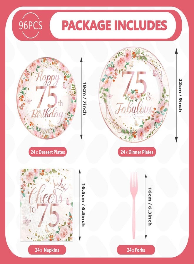 Grencian 96Pcs 75th Birthday Decorations for Women Floral 75th Birthday Party Plates and Napkins Disposable Rose Gold 75 Fabulous Tableware Set for Women 75 Years Old Party Supplies, Serves 24 - Image 4