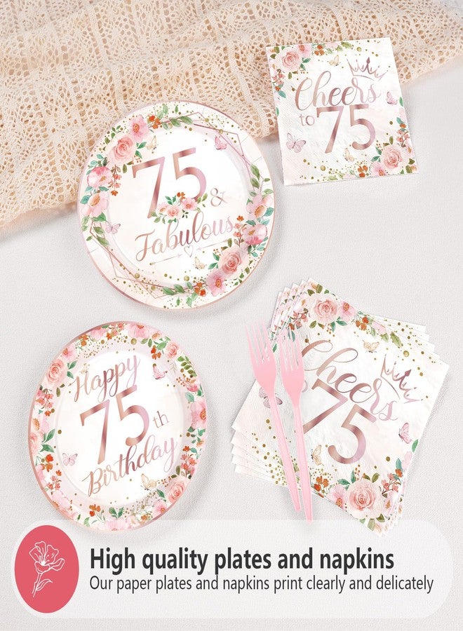 Grencian 96Pcs 75th Birthday Decorations for Women Floral 75th Birthday Party Plates and Napkins Disposable Rose Gold 75 Fabulous Tableware Set for Women 75 Years Old Party Supplies, Serves 24 - Image 3