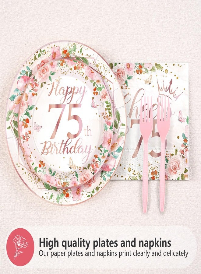 Grencian 96Pcs 75th Birthday Decorations for Women Floral 75th Birthday Party Plates and Napkins Disposable Rose Gold 75 Fabulous Tableware Set for Women 75 Years Old Party Supplies, Serves 24 - Image 2