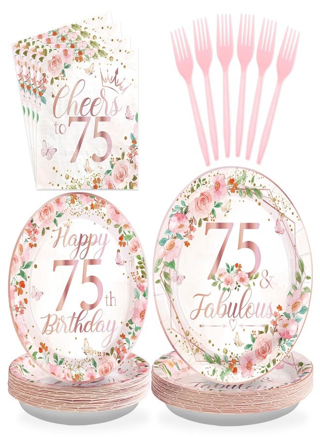 Grencian 96Pcs 75th Birthday Decorations for Women Floral 75th Birthday Party Plates and Napkins Disposable Rose Gold 75 Fabulous Tableware Set for Women 75 Years Old Party Supplies, Serves 24 - Image 1