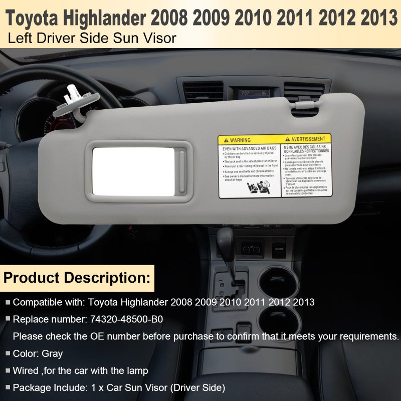 NHILES Left Driver Side Sun Visor Compatible with Toyota Highlander 2008 2009 2010 2011 2012 2013 Replaces# 74320-48500-B0 Color Gray - Image 2