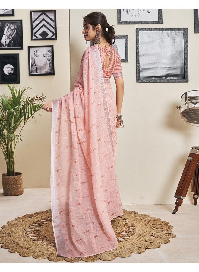 SIRIL ساري سيريلي النسائي القطني المطبوعة بخطوط زري الجاهز للارتداء مع قطعة بلوزة غير مخيطة (18RS160_خوخي) - Image 3