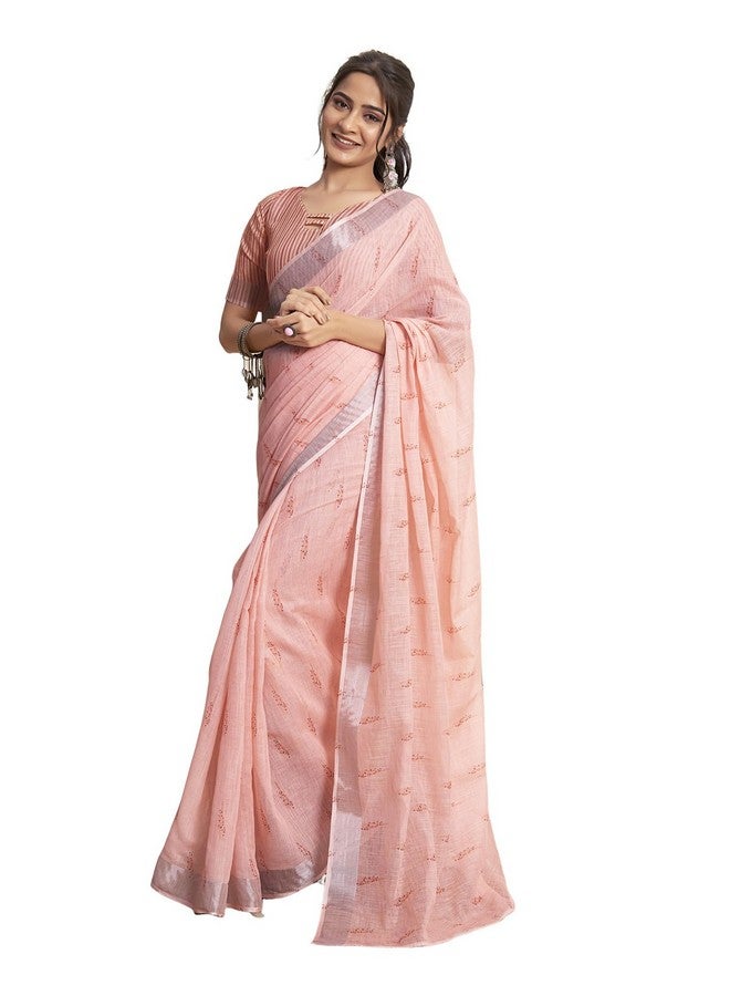 SIRIL ساري سيريلي النسائي القطني المطبوعة بخطوط زري الجاهز للارتداء مع قطعة بلوزة غير مخيطة (18RS160_خوخي) - Image 1