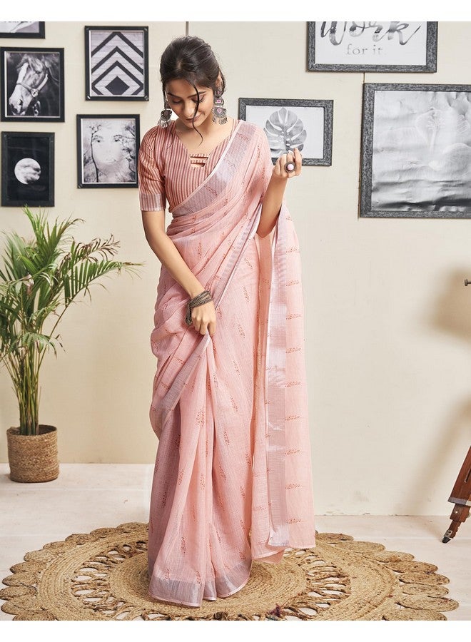 SIRIL ساري سيريلي النسائي القطني المطبوعة بخطوط زري الجاهز للارتداء مع قطعة بلوزة غير مخيطة (18RS160_خوخي) - Image 5