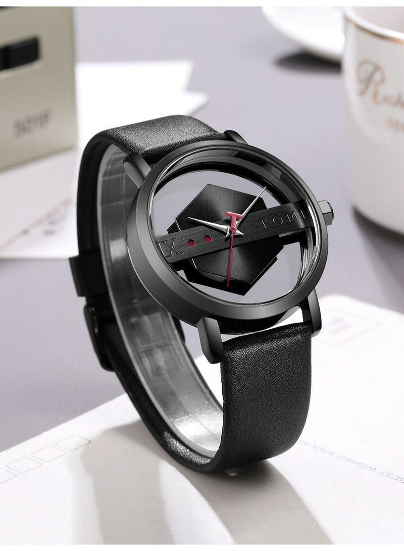 TOMI Luxury Skeleton Hollow Dial Quartz Wristwatch, TOMI Transparent Round Watch with Brown Leather Band, Stylish Unisex Daily Wear Watch - Image 2
