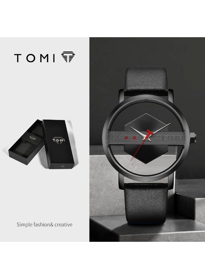TOMI Luxury Skeleton Hollow Dial Quartz Wristwatch, TOMI Transparent Round Watch with Brown Leather Band, Stylish Unisex Daily Wear Watch - Image 1