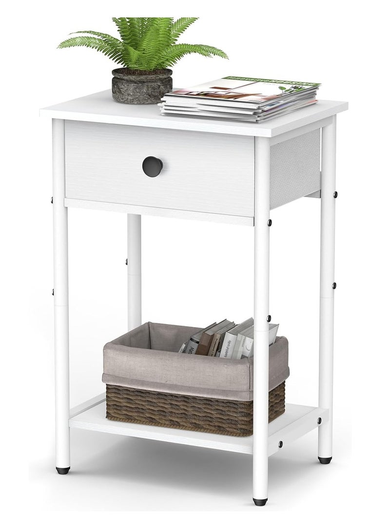 غوغويا منضدة، طاولة جانبية مزودة بدرج تخزين قماشي ورف خشبي مفتوح، أثاث بجانب السرير بإطار فولاذي، طاولة جانبية لغرفة النوم، مسكن، سهلة التركيب، أبيض - Image 1