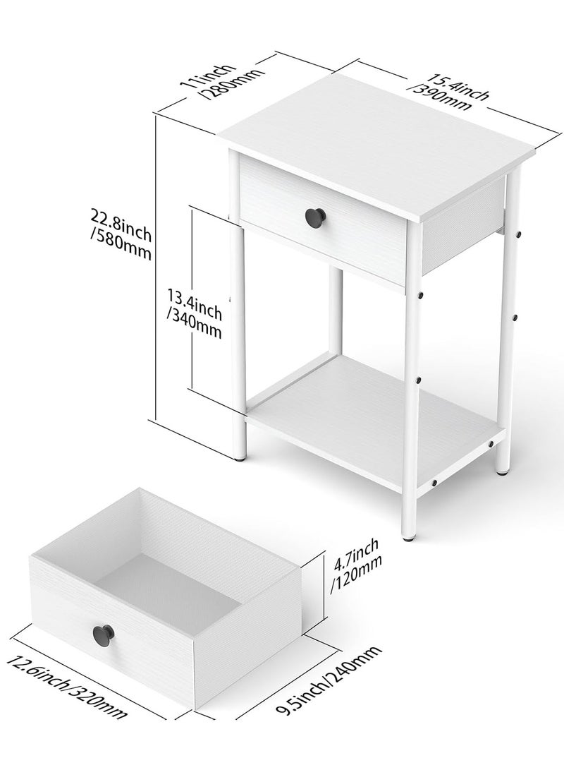 غوغويا منضدة، طاولة جانبية مزودة بدرج تخزين قماشي ورف خشبي مفتوح، أثاث بجانب السرير بإطار فولاذي، طاولة جانبية لغرفة النوم، مسكن، سهلة التركيب، أبيض - Image 2