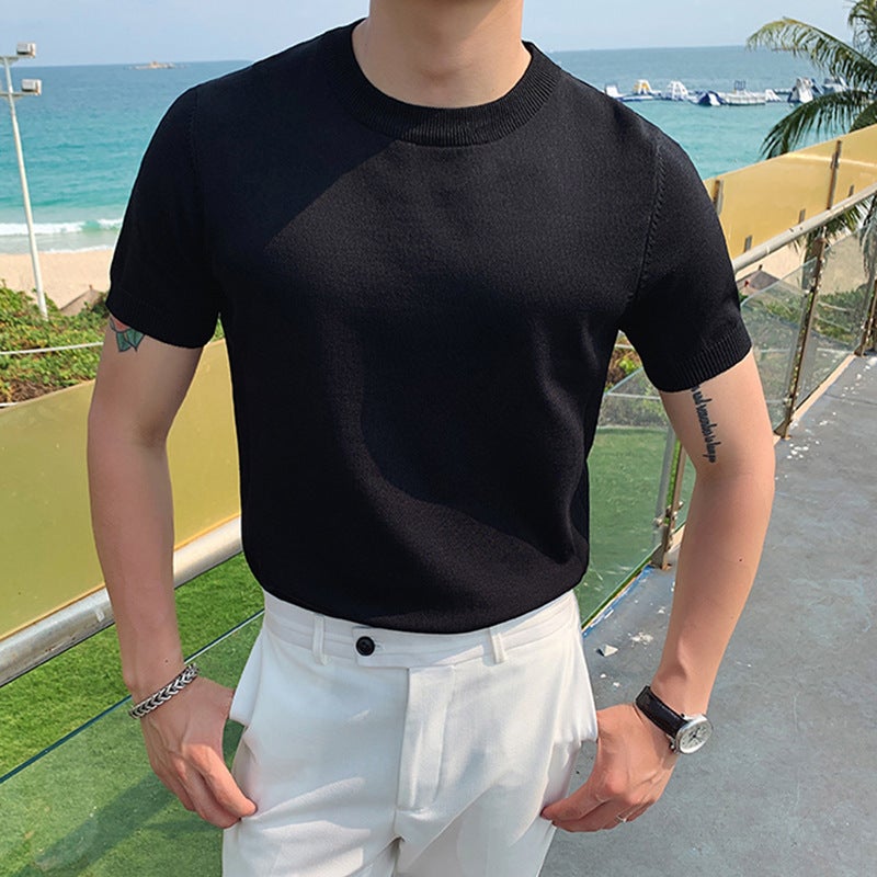 2022 spring and autumn men's round neck short-sleeved T-shirt male Korean Slim Slim stretch knitted sweater for men - Image 2