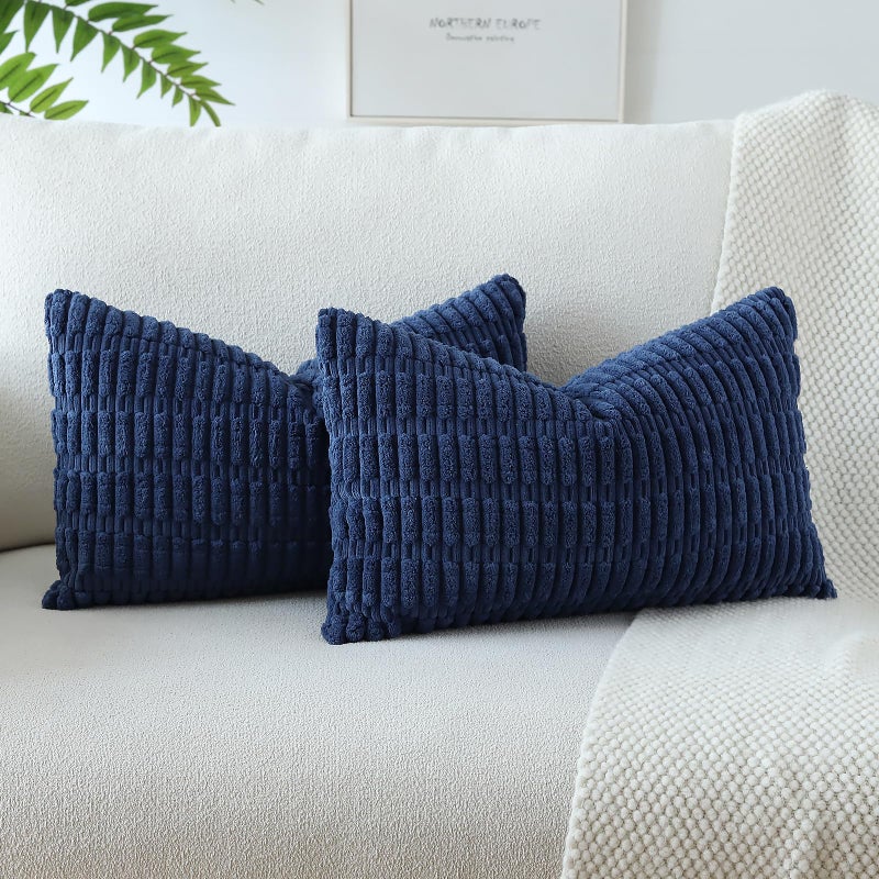 JOTOM Corduroy Soft Striped Throw Pillow Case 40x60 cm Boho Decorative Throw Pillow Covers Lumbar Cushion Case Couch Home Decor Cushion Covers for Sofa Bedroom 16x24 Inch Set of 2 Navy Blue