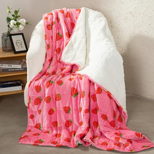 Aemicion Weighted Blanket Queen Size 15 Pounds 60x80Soft Fluffy Fleece Sherpa Weighted Blankets for AdultsCute Pink Strawberry Heavy Blanket Weighted as Gift Ideas for Women Teen Girls - Image 1