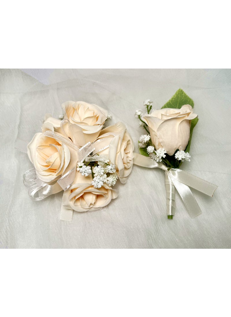 DESUNESS DESUNESS Prom Rose Corsage and Boutonniere Set Artificial Rose Wedding Corsage Flowers Prom Party Suit Decoration Champagne 