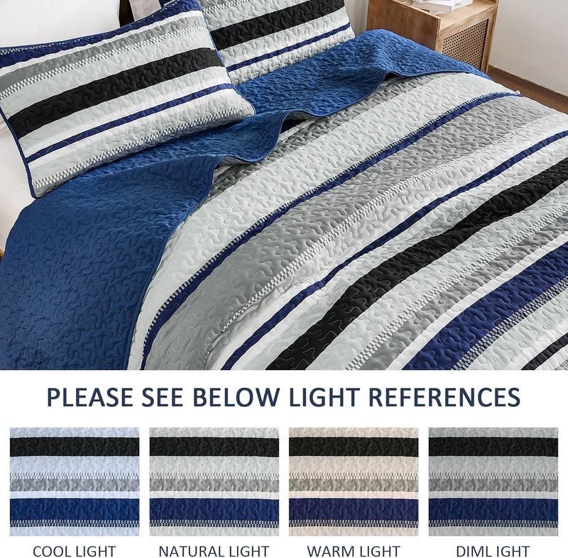 WONGS BEDDING مجموعة بطانيات من WONGS لحجم كوين، بطانية بلون أزرق بحري، مجموعات أغطية صيفية، تتكون من 3 قطع، بطانيات خفيفة بألوان مخطوطة، مقاس 96" × 90". - Image 4