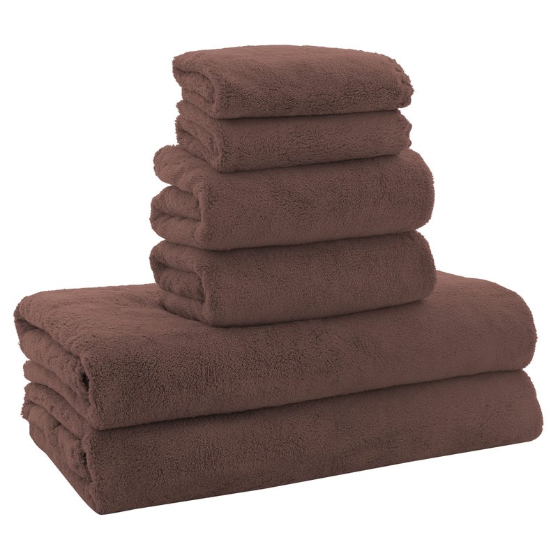 MOONQUEEN Ultra Soft Microfiber Coral Velvet Towel Set  Quick Drying 2 Bath Towels 2 Hand Towels 2 Washcloths  Wood Brown 6 Pcs