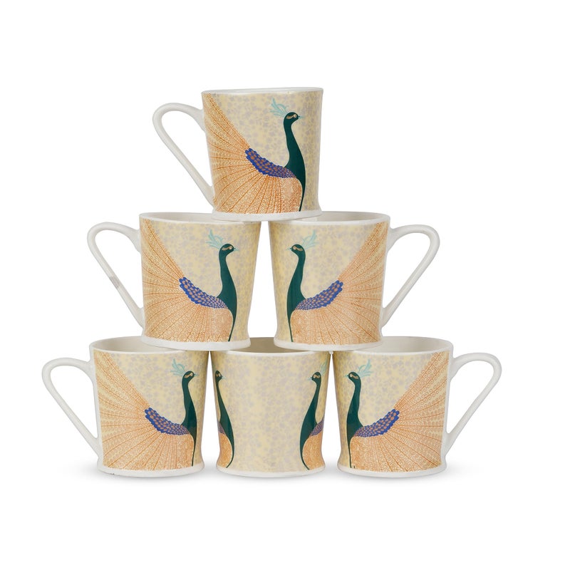 TAGROCK طقم أكواب شاي من bone china بتصميم طاووس عدد 6، أكواب متينة وخالية من الرصاص عدد 6 (تصميم 1) - Image 2
