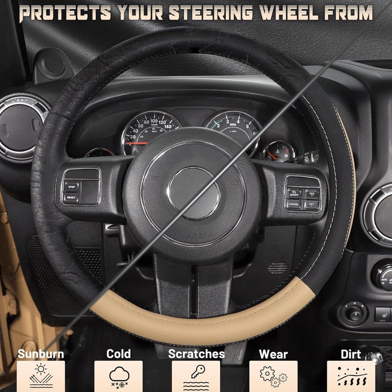 SEG Direct Black and Beige Microfiber Leather Steering Wheel Cover for F-150 Tundra Range Rover 15.5" - 16" - Image 4