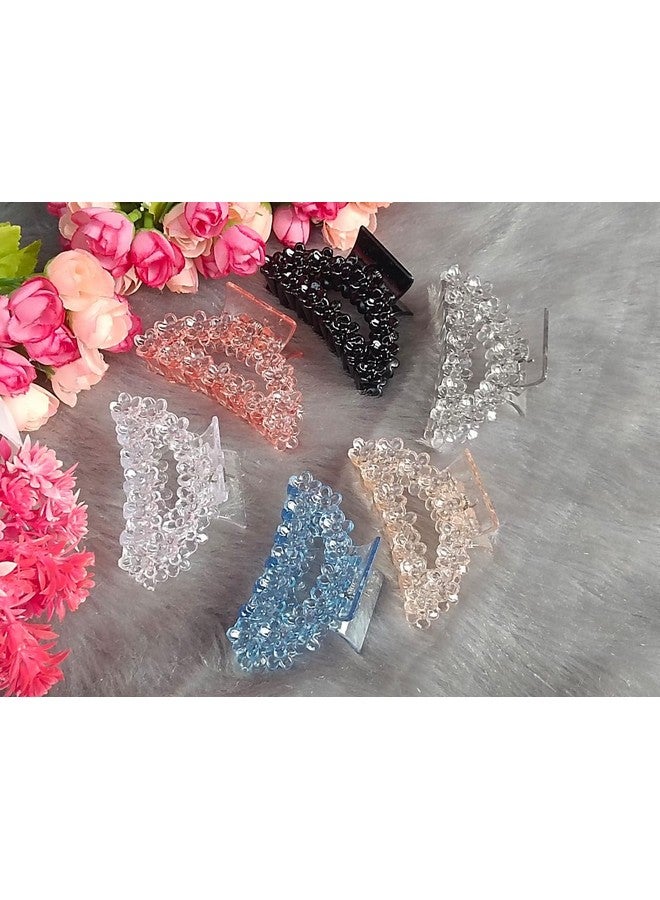 DENICRAAS Crystal Floral Design Multi Hair Claw/Clips For Girls And Women -Stylish Everyday glamour Hair Accessories (Pack of 6) Strong grip, Lightweight Hair claw (D Shape) - Image 2