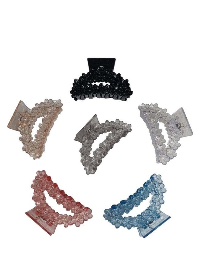 DENICRAAS Crystal Floral Design Multi Hair Claw/Clips For Girls And Women -Stylish Everyday glamour Hair Accessories (Pack of 6) Strong grip, Lightweight Hair claw (D Shape) - Image 1