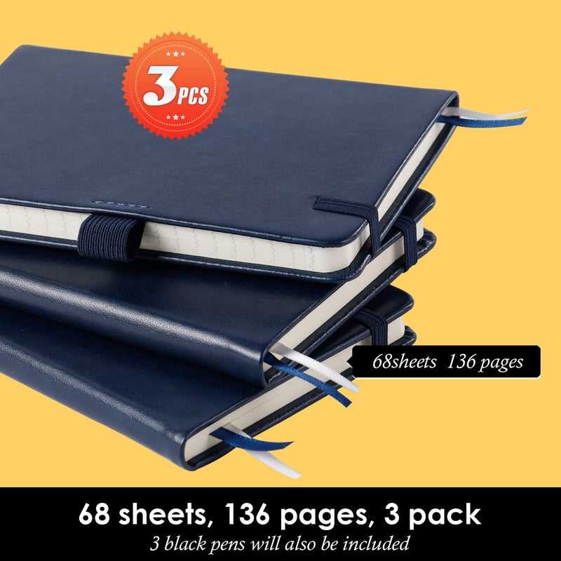 NIRMIRO Pocket Notebook Journals, 3 Pack Mini Small Notebooks for Work, Leather Cover Notepad with 3 pens, Elastic Closure, Blue - Image 4