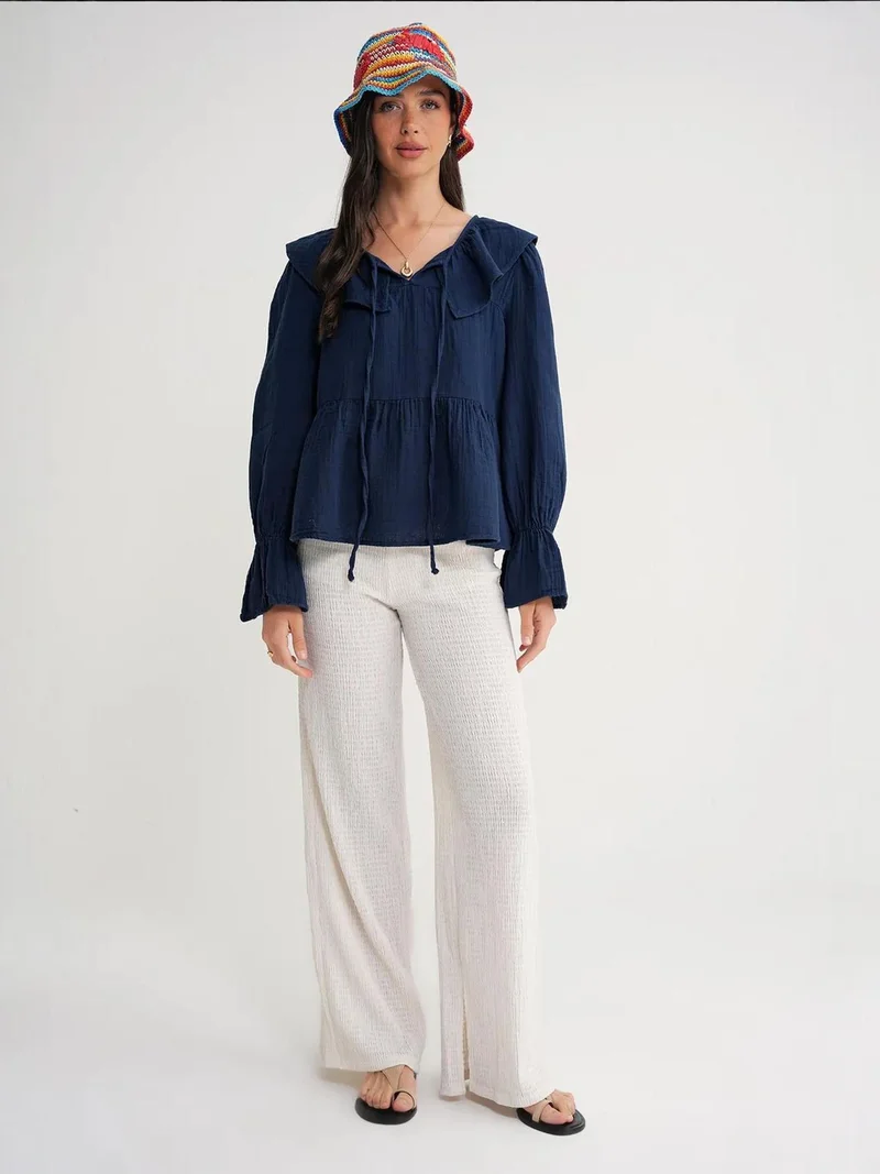 MixRay Mixray Frilly Shawl Collar Blouse with Tie Closure