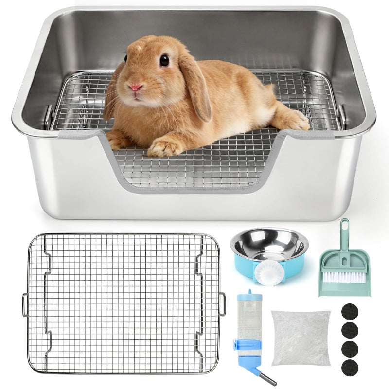 Rypet Large Rabbit Litter Box, Bunny Litter Box High Side with 304 Stainless Steel Sifting Tray, Metal Small Animal Litter Pan with Pet Food Bowl and Water Bottle, Non-Slip Easy to Clean Odor Control - Image 1