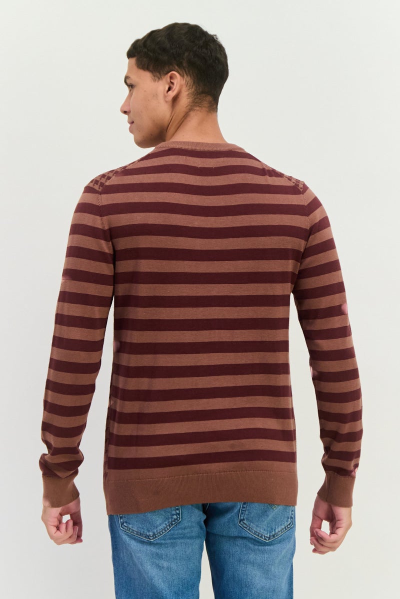 PERRY ELLIS Men Crew Neck Long Sleeves Allover Printed Sweater, Brown Combo  - Image 3