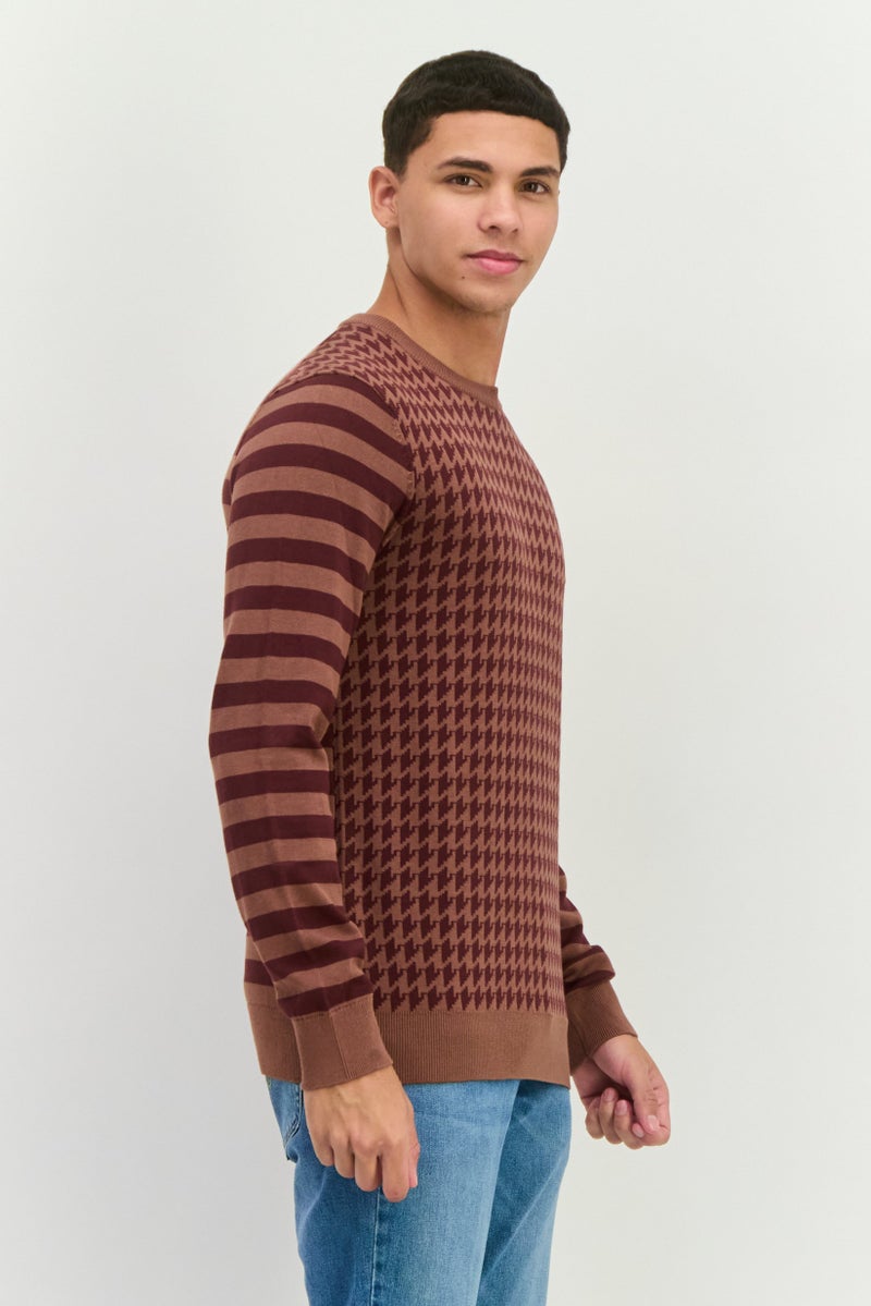 PERRY ELLIS Men Crew Neck Long Sleeves Allover Printed Sweater, Brown Combo  - Image 2