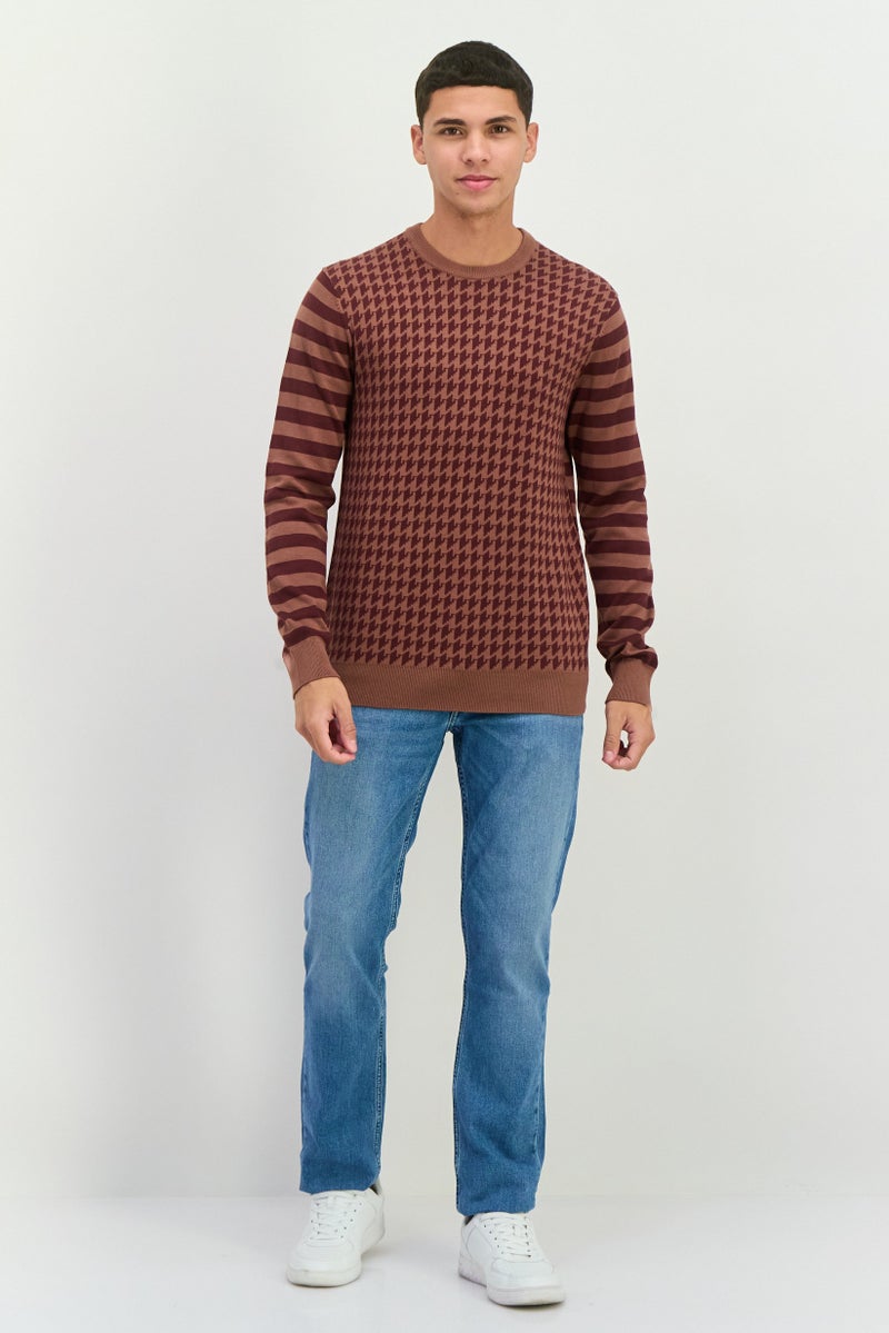 PERRY ELLIS Men Crew Neck Long Sleeves Allover Printed Sweater, Brown Combo  - Image 4