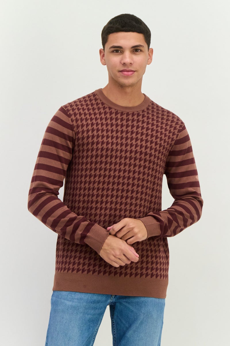 PERRY ELLIS Men Crew Neck Long Sleeves Allover Printed Sweater, Brown Combo  - Image 1