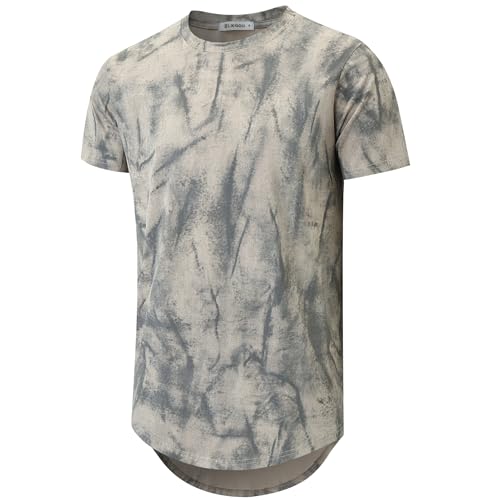 KLIEGOU Men's Longline Graphic T-Shirt | Curved Hem Crew Neck | 95% Cotton Stretch Regular Fit Tee 1887 Beige S - Image 1