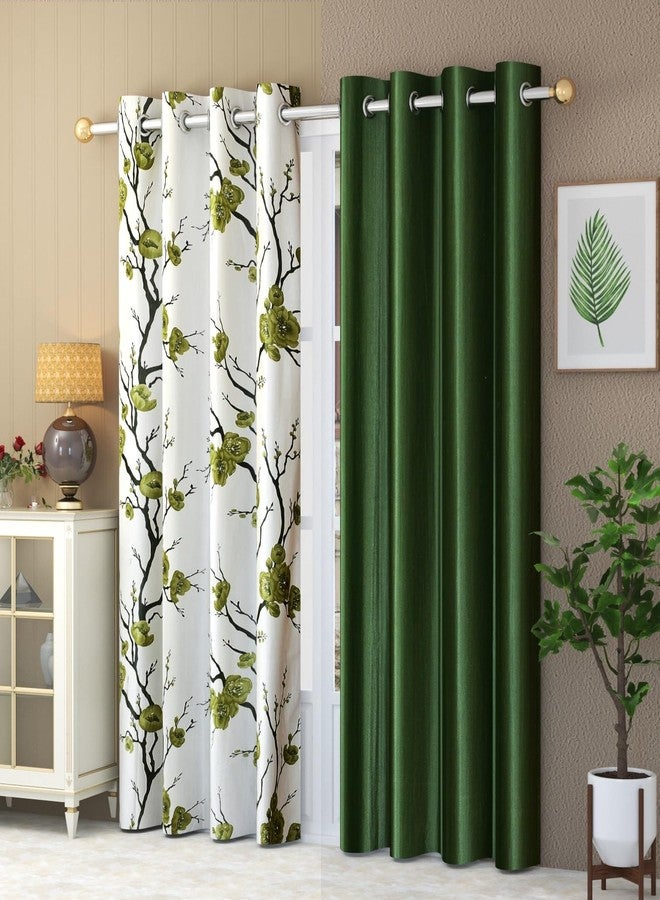 YUKANY Modern Polyester Heavy Long Crush Printed Floral Premium Eyelet Semi Sheer Curtains Set of 2 Pcs. (Dark Green (1 Flower + 1 Plain), Window_5Ft) - Image 1