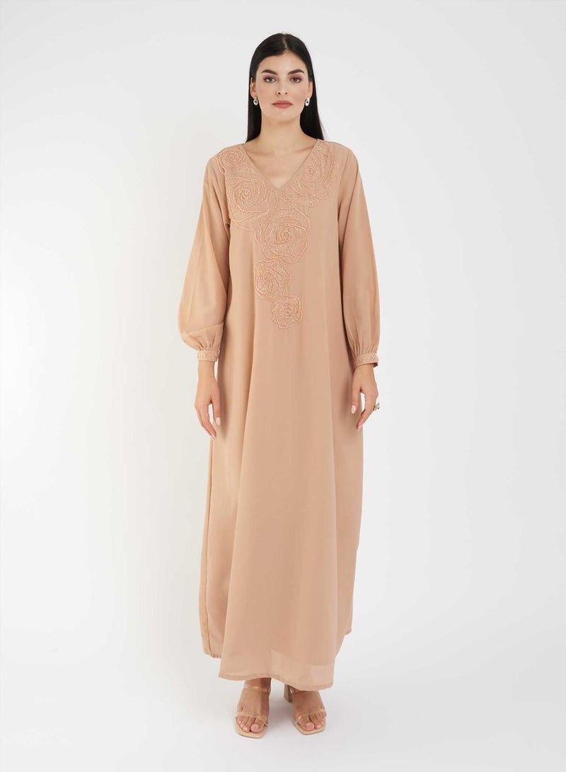 KASHKHA Solid Jalabiya with Yoke Embroidery - Image 1