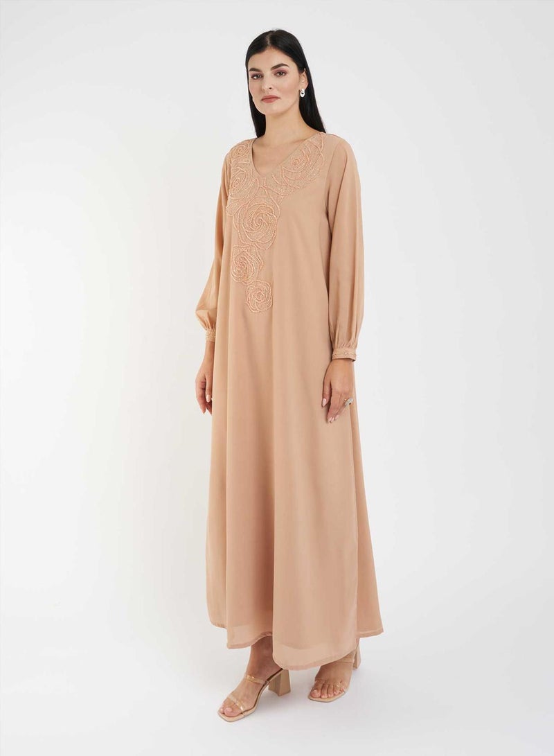 KASHKHA Solid Jalabiya with Yoke Embroidery - Image 2