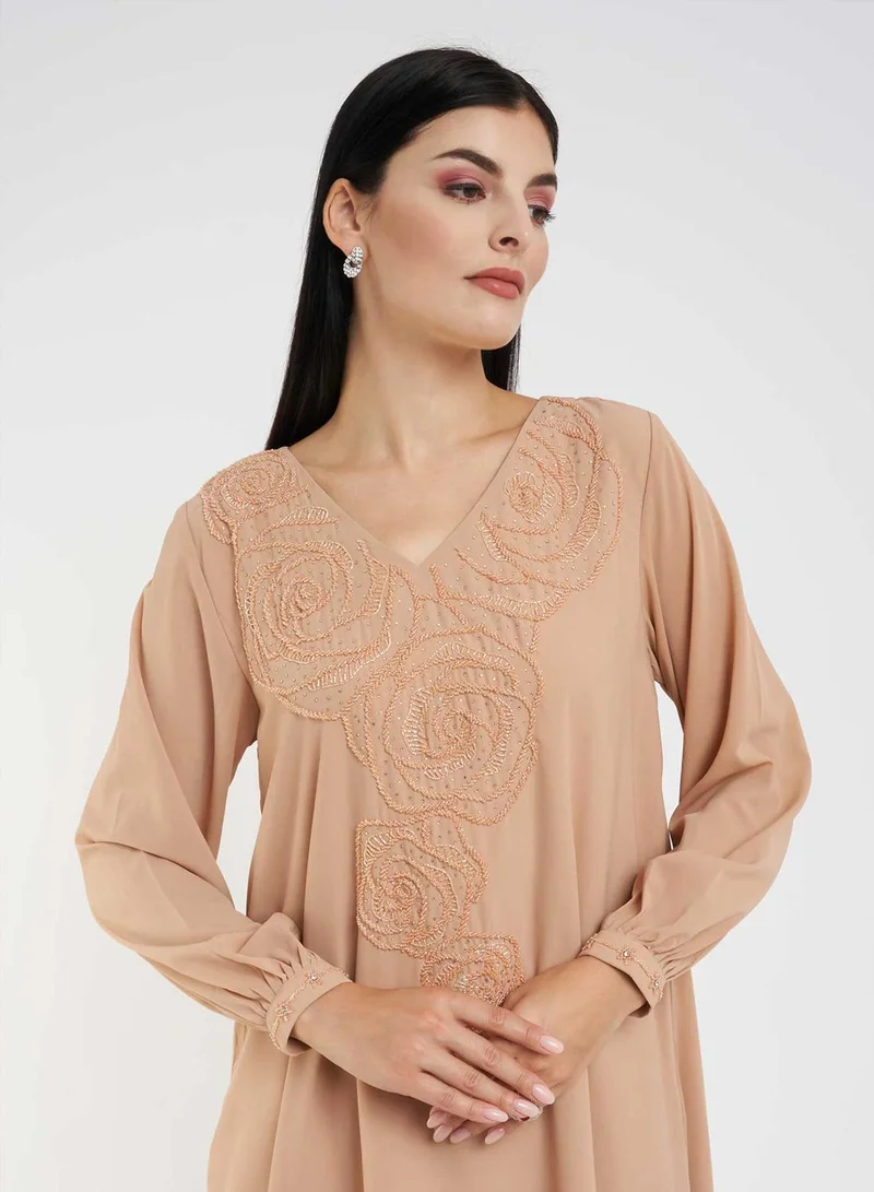 KASHKHA Solid Jalabiya with Yoke Embroidery