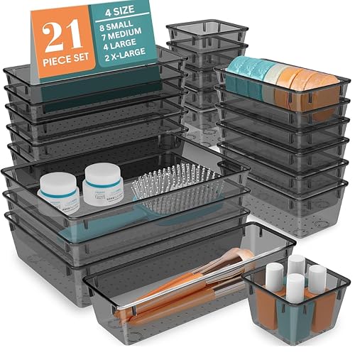 JIALTO 21-Piece Acrylic Drawer Organizer Tray Set – Multipurpose Clear Plastic Storage Bins for Makeup, Cosmetics, Jewelry, Kitchen, Office, Bathroom & Dressing Table Drawer Organizer (Black) - Image 1