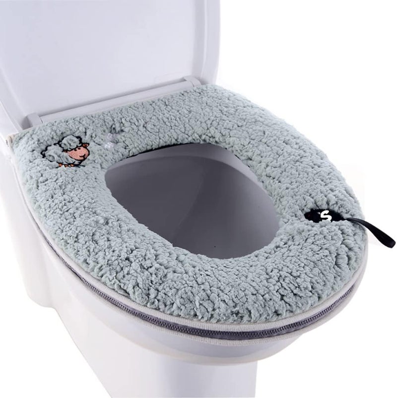 CIZZ Warm Plush Washable Thicken Toilet Seat Cover Pads Mat with Handle and Zipper (Gray) - Image 1