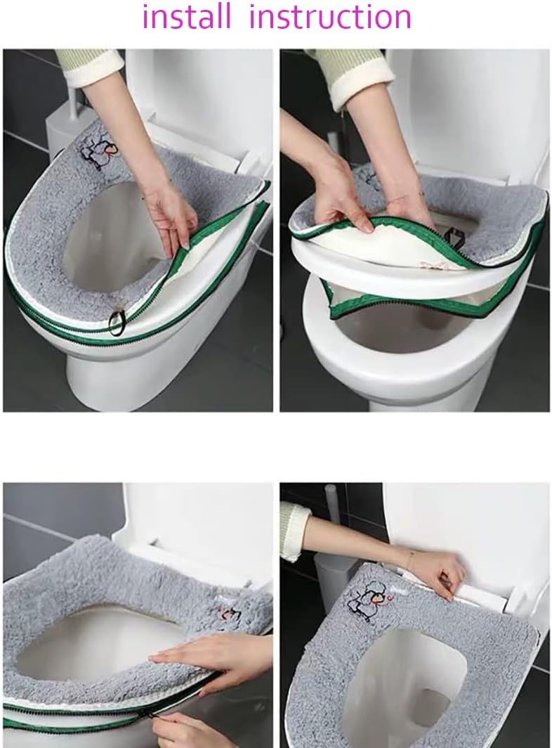 CIZZ Warm Plush Washable Thicken Toilet Seat Cover Pads Mat with Handle and Zipper (Gray) - Image 3