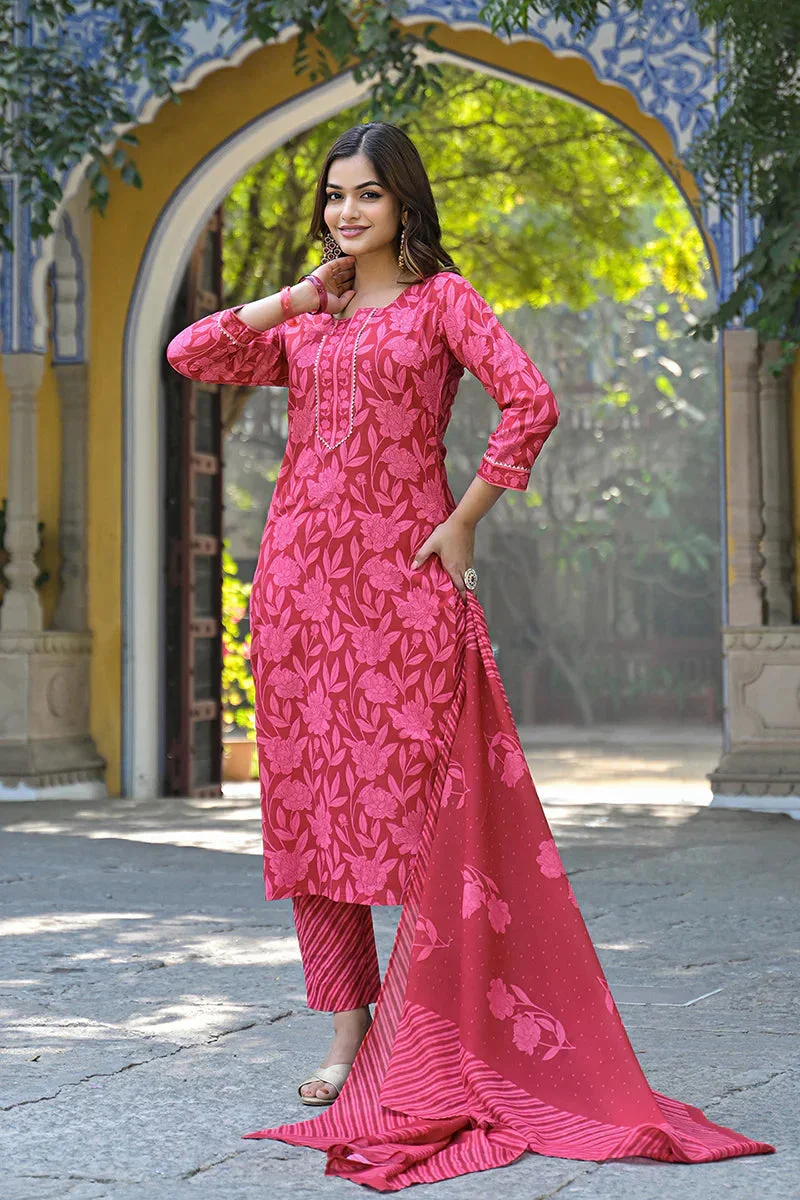 ZERESOUQ Red Cotton Blend Floral Printed Straight Kurta Trousers With Dupatta